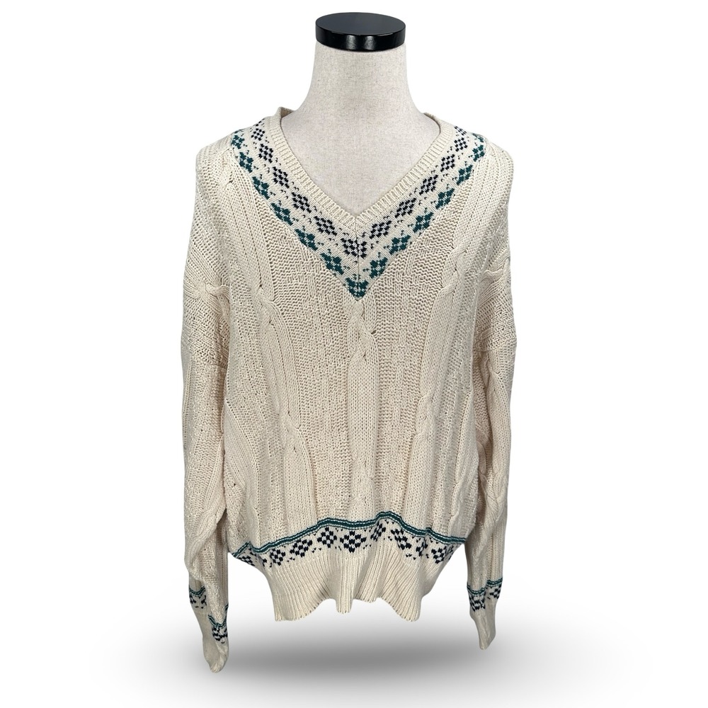Vintage Allen Solly Mens Cream Cable Knit Fair Isle V-Neck Tennis Sweater‎ Large